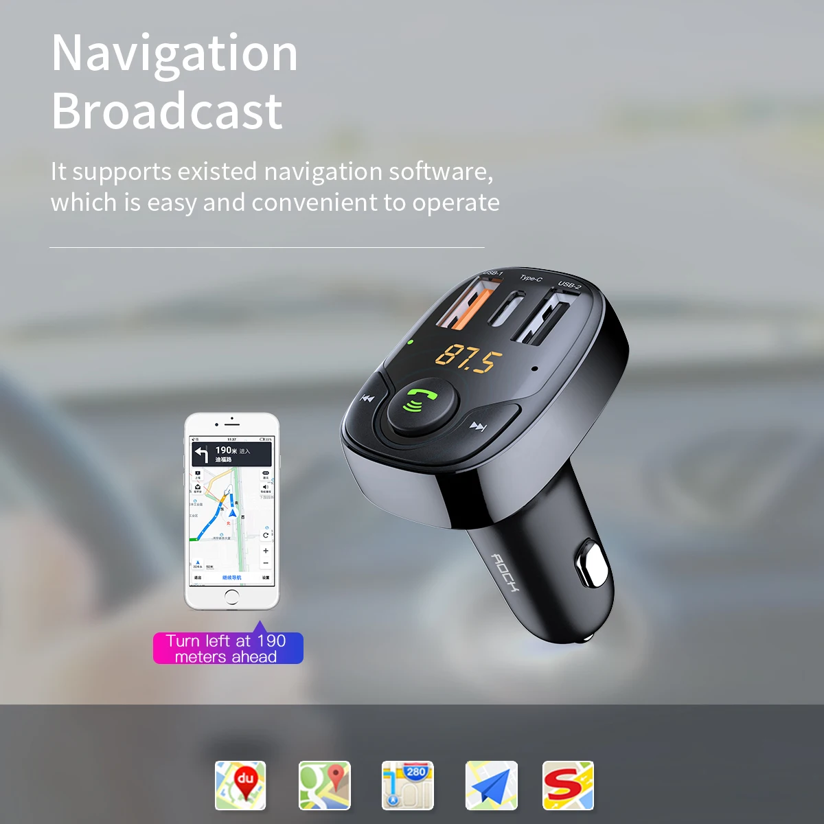 ROCK Car Bluetooth Kit FM Transmitter Handsfree Calling 5V 3A 36W Dual USB Type-C PD Output Car Charger MP3 Audio Player TF Card