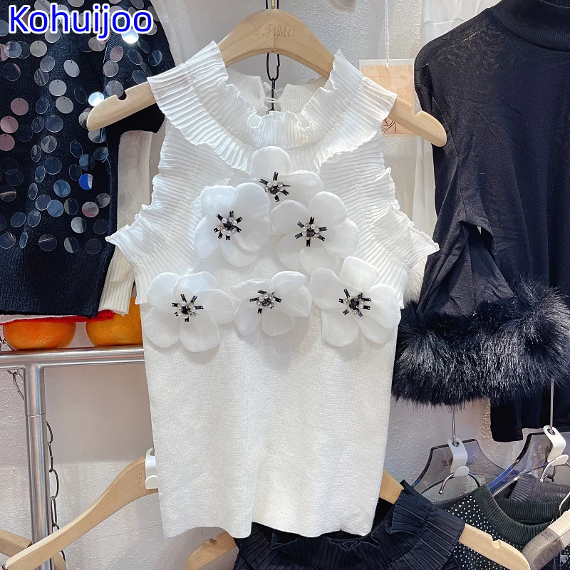 

Kohuijoo Sleeveless Top New Summer Design Three Dimensional Flower White Women's Knitted Vest Ruffle Womens Tops Sexy Backless