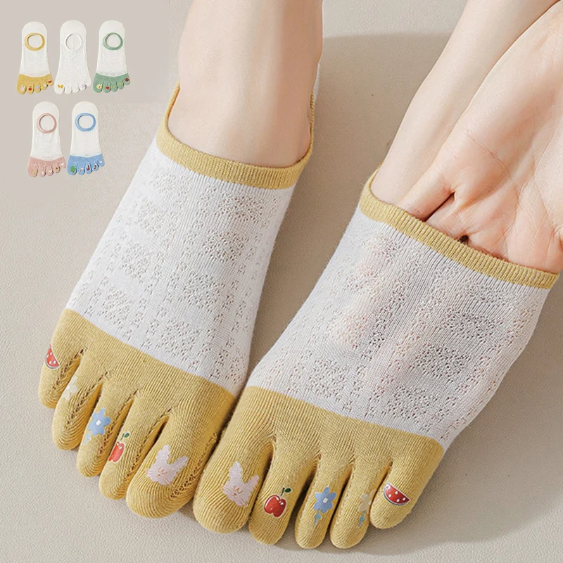 

1 Pair Woman Cartoon Cotton Sock Breathable Soft Elastic Endurable No Show Invisible Socks with Toes Cute Five Finger Sox Casual