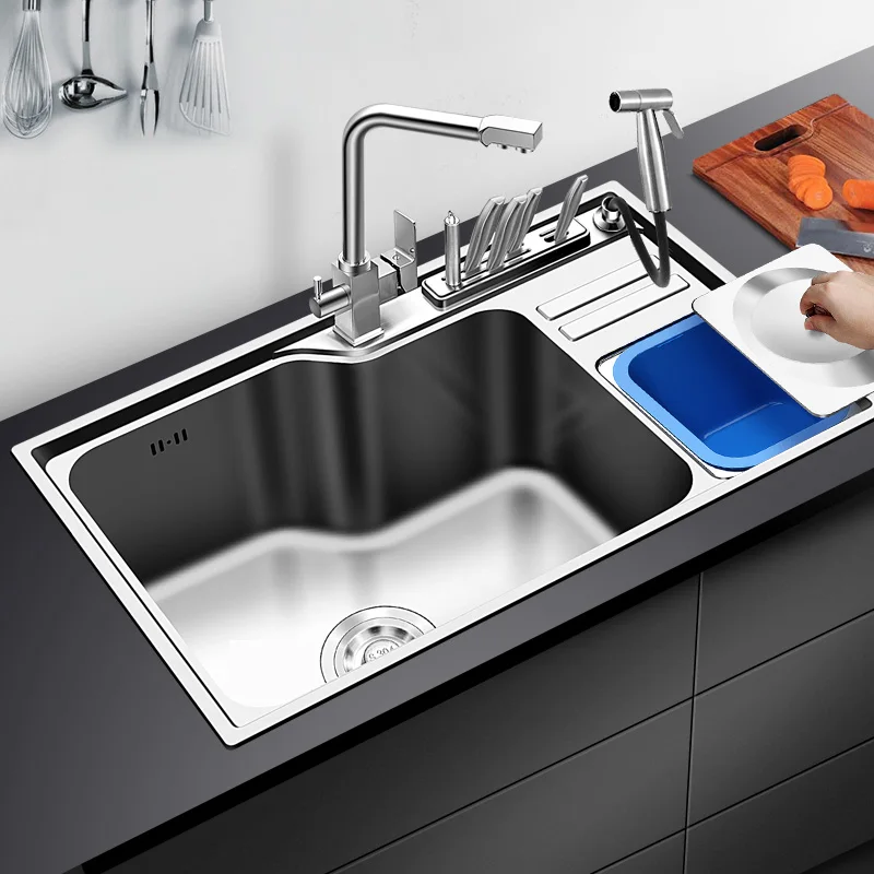 

304 Stainless Steel Nano Kitchen Sink Brushed Large Single Sink Vegetable Wash Basin Package with Trash Can Knife Holder Pool