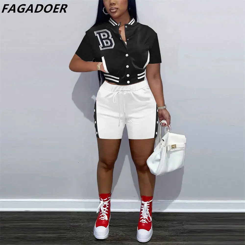 

FAGADOER Casual Baseball Uniform Letter Print Tracksuits Women Button Crop Top And Shorts Two Piece Sets Female Matching Outfits