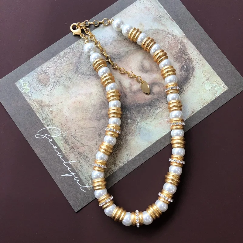 

New Vintage Jewelry Accessories Strand Gold Plated Natural Pearl and Colored Glaze Elegant Necklace