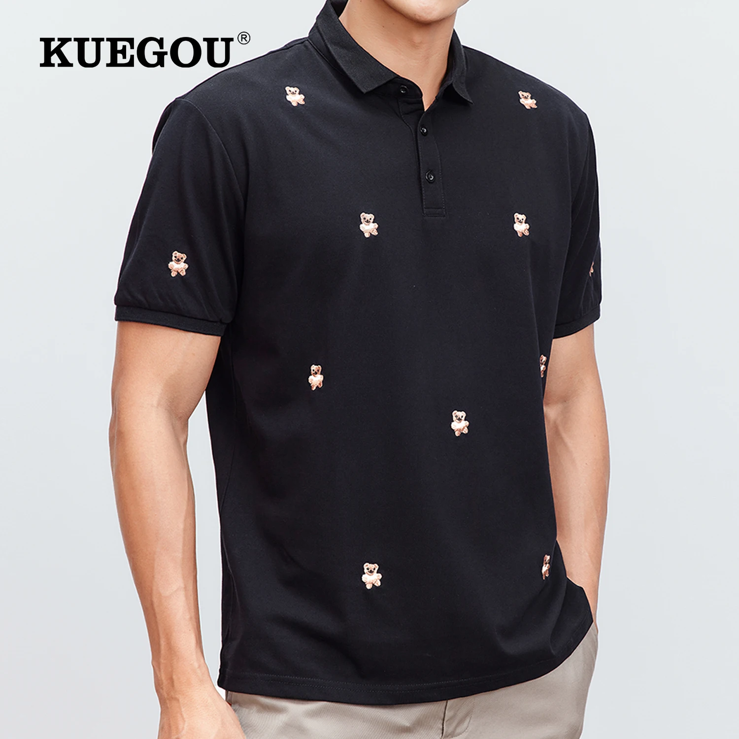 

KUEGOU 2022 Summer New Men Polo Shirt Short Sleeves Teddy Bear Embroidery Fashion High Quality Apricot Top Plus Size AT-7370