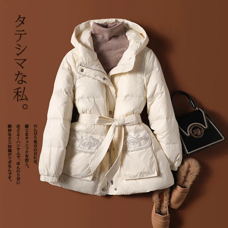 Thin 90% Duck Down Jacket Women New Fashion Design Coat High Street  Autumn/Winter  Beading  Sequins  Pockets  Casaco Feminino