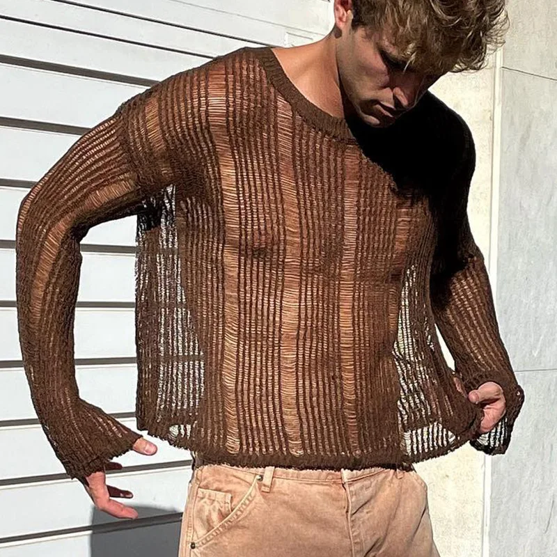 

Men Sexy See-Through Cutout Knitted Long Sleeve Shirts Casual Tops Club Party Brown