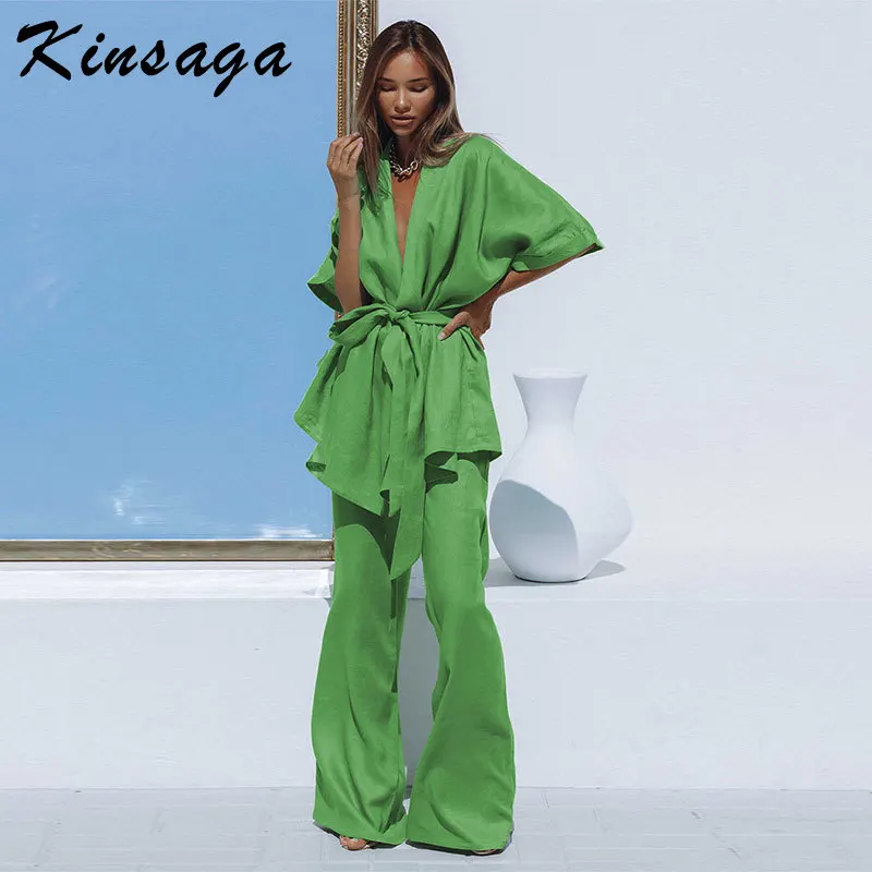 

Casual Cotton Linen Wide Pants Two Piece Set Women Elegant Half Sleeve Wrap Sashes Shirts Suits Loose Flare Trousers Lady Sets