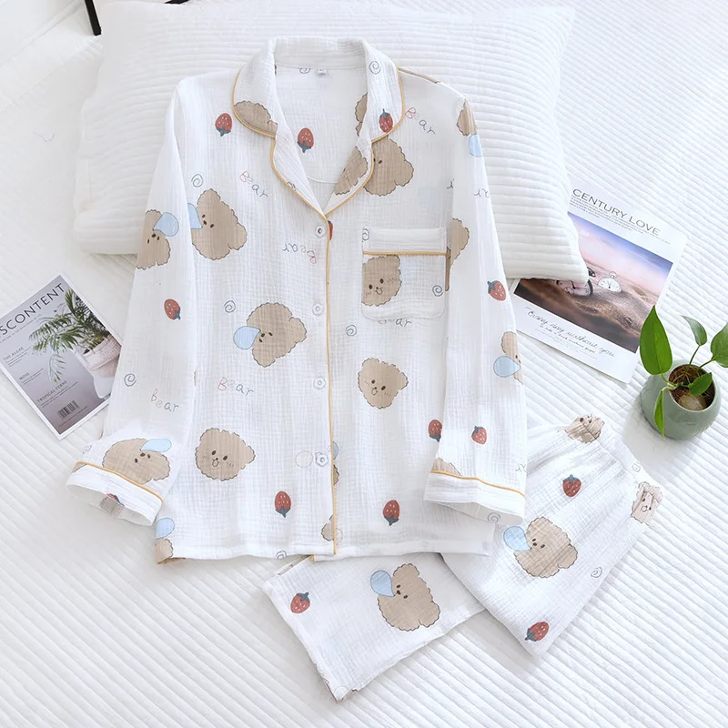 Cartoon Women's Pajamas Sleepwear 100% Cotton Pijama Pyjamas Women Loungewear Winter Set Woman 2 Pieces Sleepwear For Sleeping