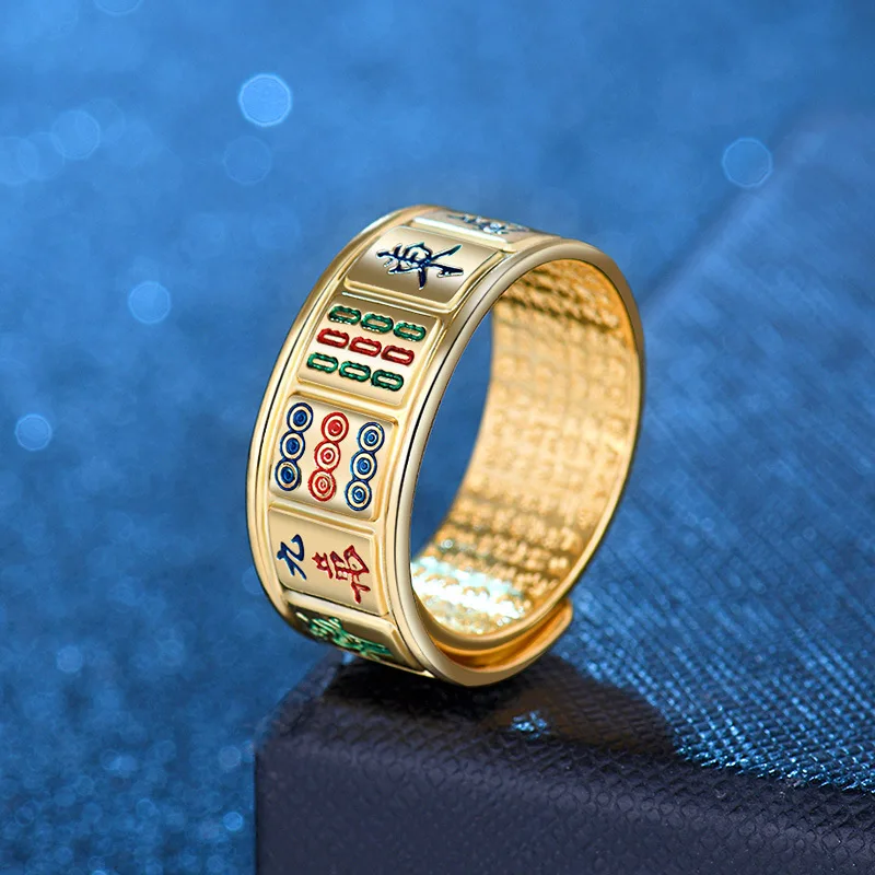 

Fashion Personalized Vintage Copper Gilding Plated Mahjong Ring for Unisex Men and Women Thirteen Orphans Chinese Style Lucky