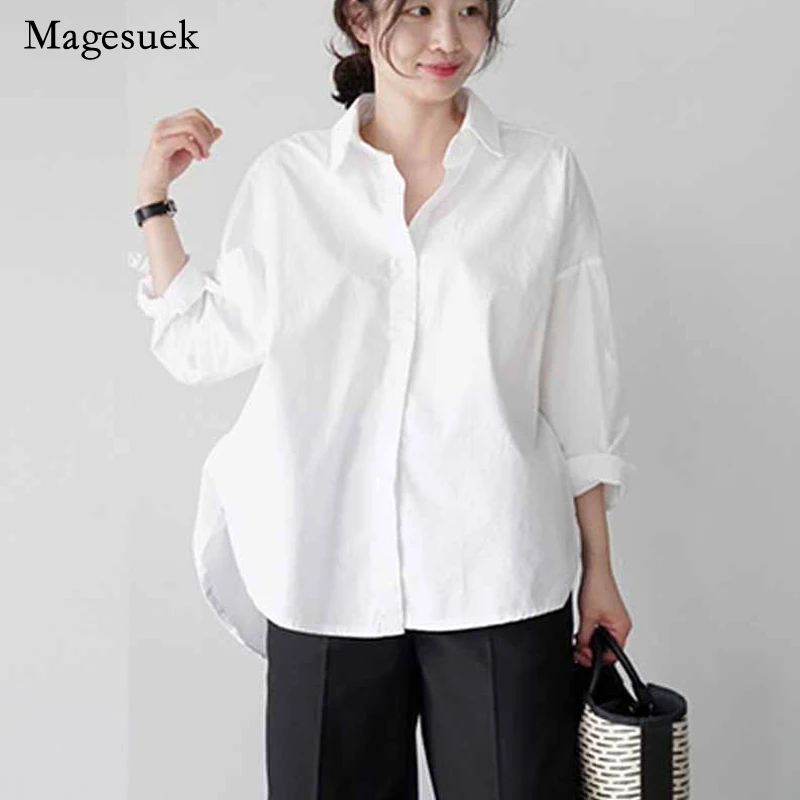 

Office Lady Casual Loose Button Shirt Tops Cotton White Blouse Women 2022 Long Sleeve Loose Women Shirts Female Clothing 12650