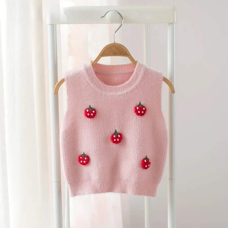 

Freely Move 2022 Korean Style Spring Baby Girl Vest Knitting Round Collar Sleeveless Strawberry Flower Waistcoat Sweater Clothes