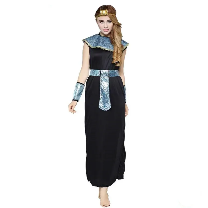 

Long Black Robe Woman Halloween Egyptian Queen Costumes Female Cleopatra Cosplay Carnival Purim Parade Role Play Party Dress