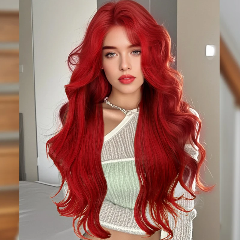Фото Парик Neptune Red Bangs Curly HaircosFull, маленький, с кружевной вставкой, красный, кудрявый, из синтетических волос. №2