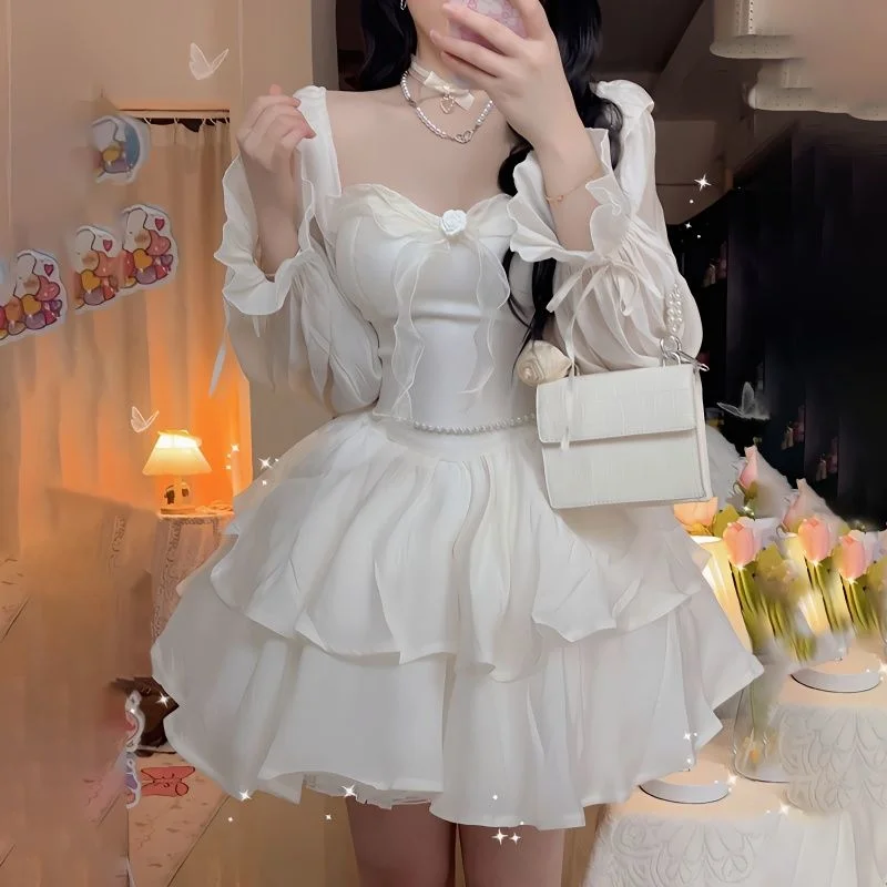 

French Lantern Sleeves Dress Female Students Korean Waist Skinny Sweet Square Neck Bow A-line Mini Ball Gown