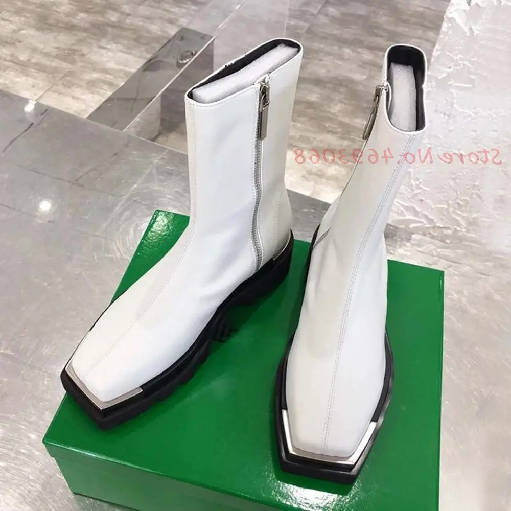 

Женские кожаные ботинки на квадратном каблуке, с молнией сбоку