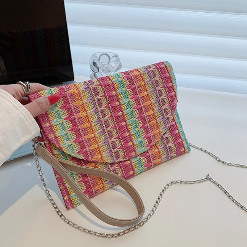 

Straw Envelope Bag 2023 Leisure Ethnic Fashion Chain Shoulder Bags Messenger Bag Texture Small Square Bag for Vacation