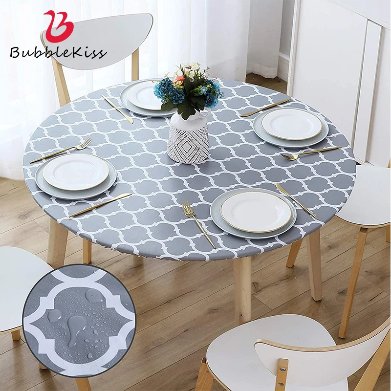 Bubble Kiss Woven Oil-proof Dining Room Tablecloth Kitchen Decorative PVC Round Elastic Tablecloth for Table Wipe Clean Cover