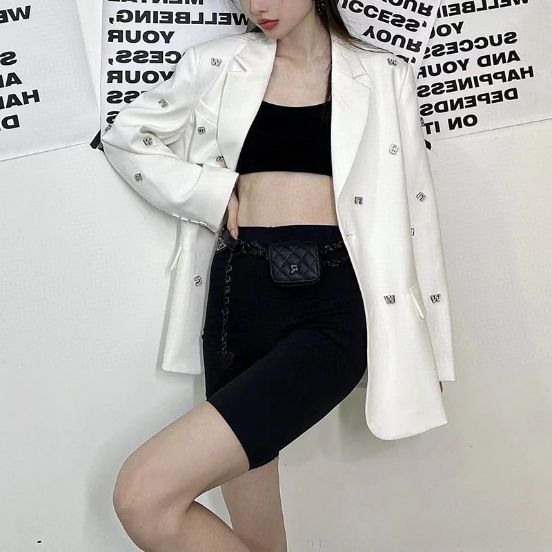 Design Sense Niche Suit Jacket for Women 2023 Autumn New Style Metal Letter Particle Wide Version All-Matching Suit Coat