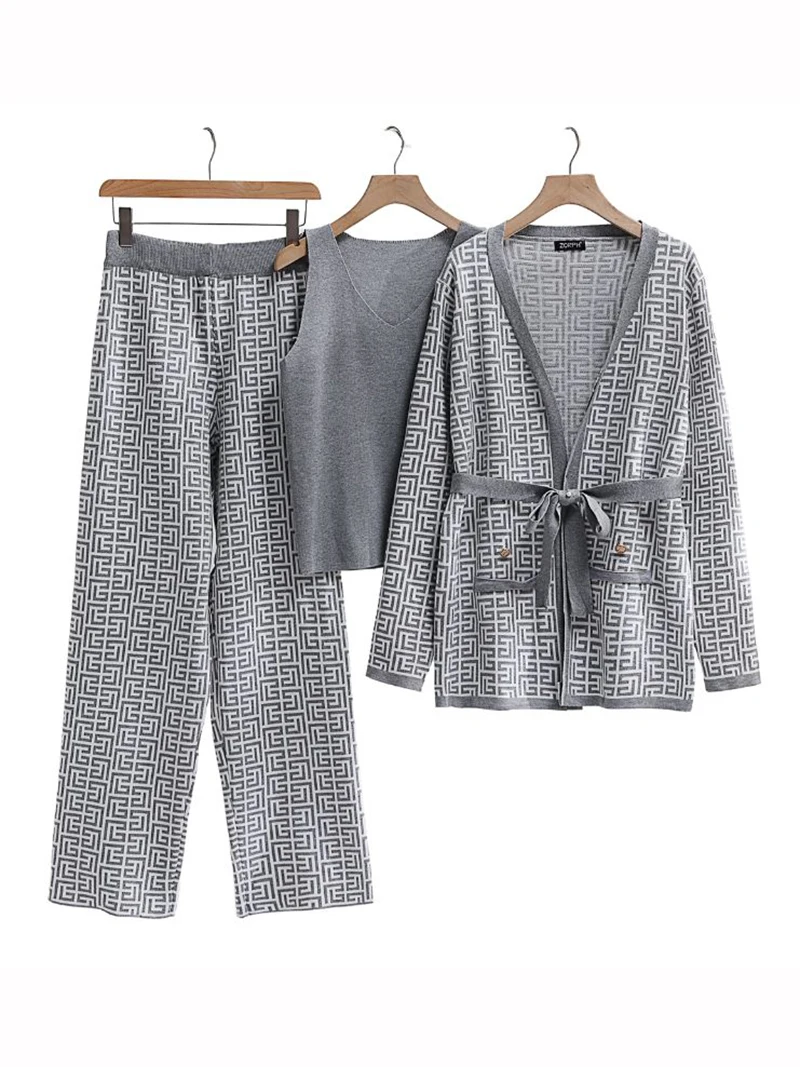 Роскошный вязаный комплект из трех предметов женский бандажный кардиган и брюки