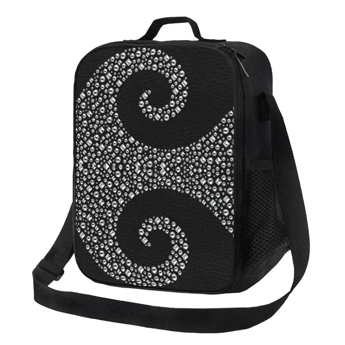 Черная кожа с серебряным штифтом Изолированные сумки для обеда завитками женщин