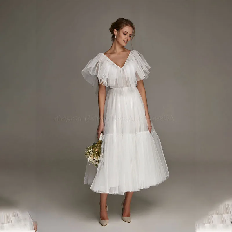 

Simple Beach A-Line Short Wedding Dress 2022 V-neck Bridal Gown High Quality Tulle Robe De Mariée Vestidos Sukienka