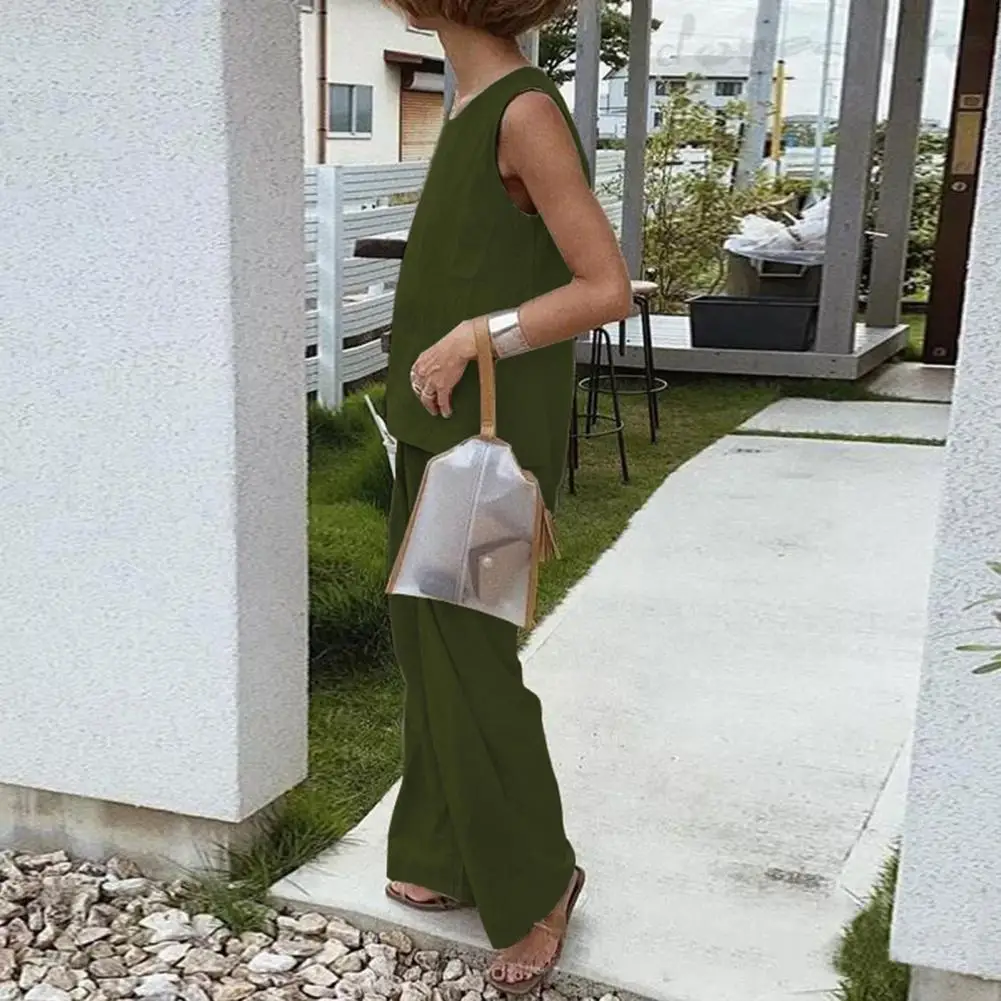 

Female 1 Set Simple Loose Slit Top Pants Summer Women Outfit Solid Color for Office