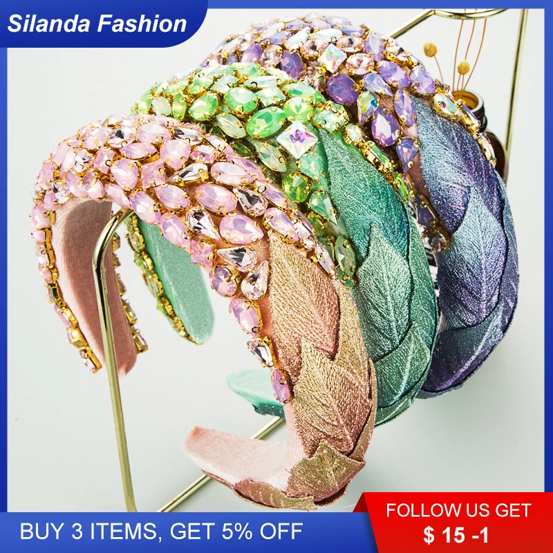 

Silanda Fashion Women's New Headband Ins Hand-made Glossy Rhinestone Setted Velvet Leaf Headdress Trendy Party Show Hair Band
