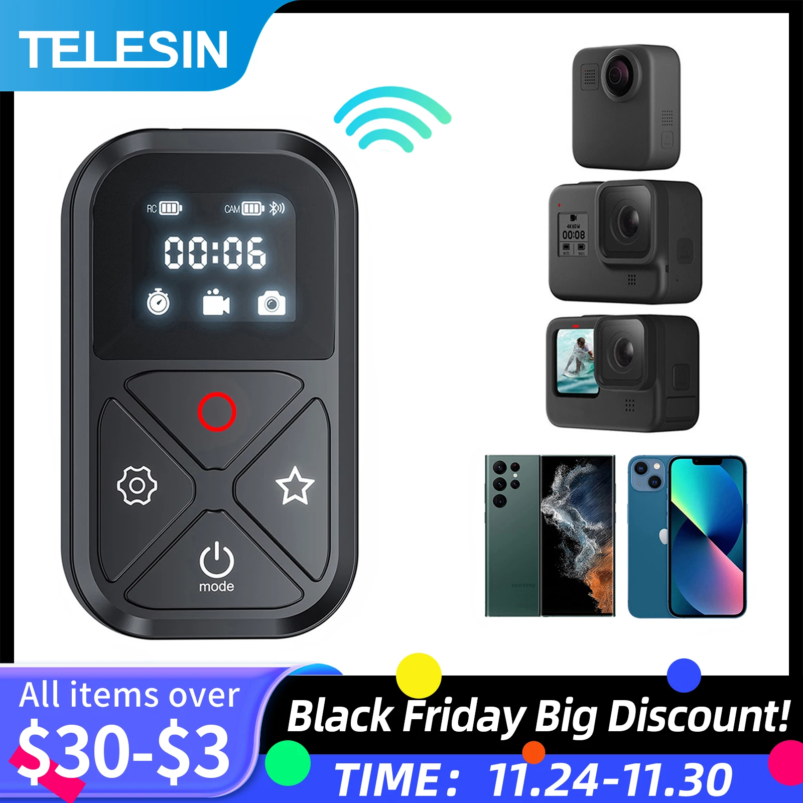 TELESIN 80M Bluetooth Remote Control For GoPro Hero 11 10 9 8 Max With Wrist Strap For Smart Phone Action Camera Accessories