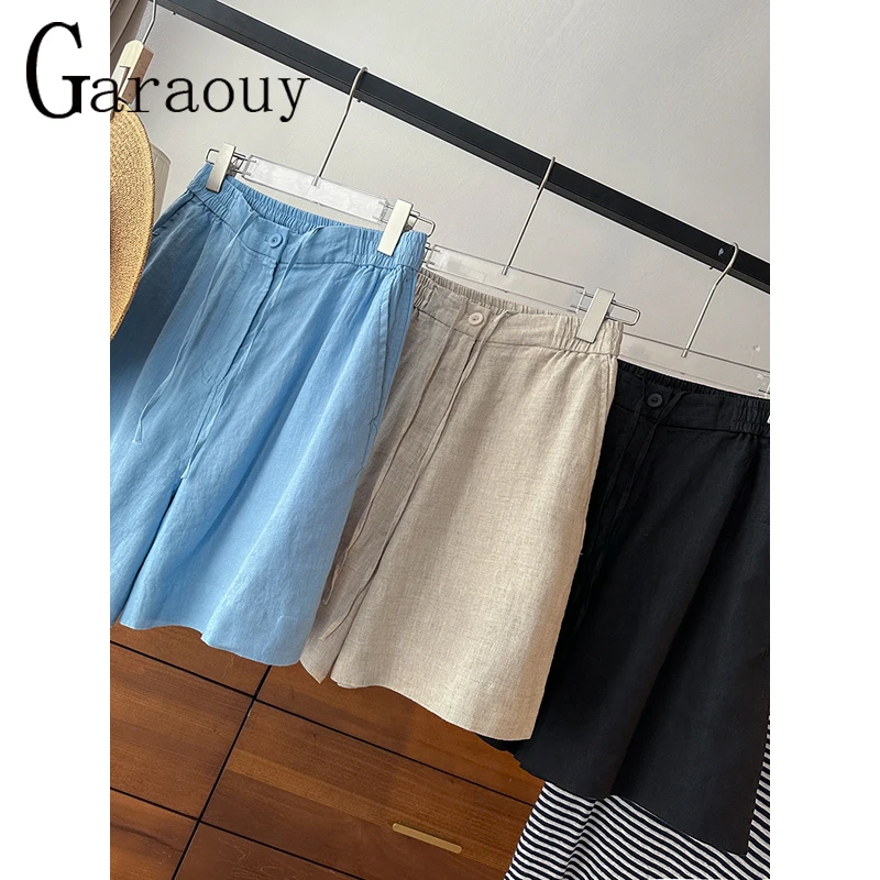 

Garaouy 2023 New Summer Women Solid Elastic High Waist Vintage Linen Shorts Female Casual Versatile Loose Straight Middle Pants