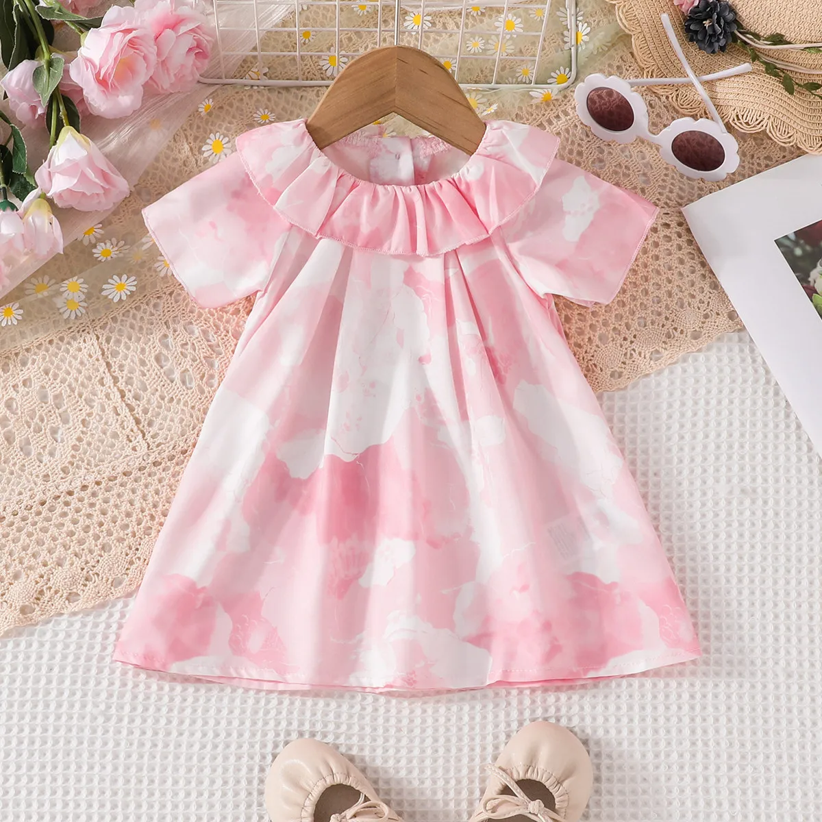 

Summer 2023 New Arrivals Girls Short Sleeve Turn-down Collar Tie-dye Pink Cute Infantil Menina Cute Party Dress Custume 0-2T