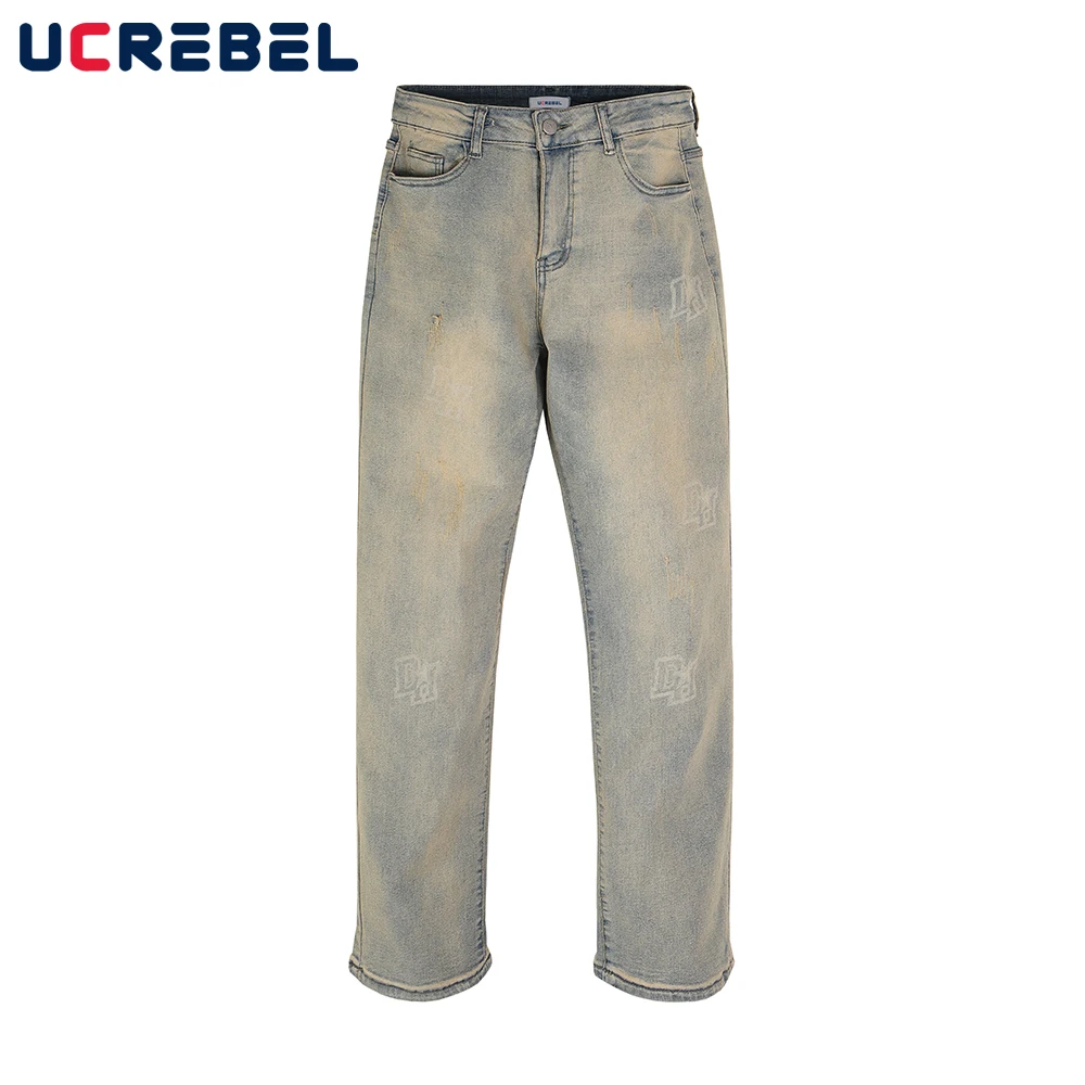 

Retro Washed Distressed Casual Denim Pants Mens High Street Loose Straight-leg Denim Pants Men