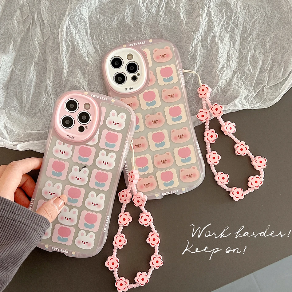 

For iPhone 13 ins Plaid Flower Rabbit Bear Phone Case For iPhone 12 11 Pro Max X XR XS Max Small Waist Two-In-One Soft TPU Cover