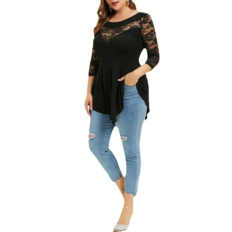 Plus Size Spring Summer Clothes Fashion Floral Lace Patchwork T-Shirt Casual Round Neck Black Irregular Perspective Top Female