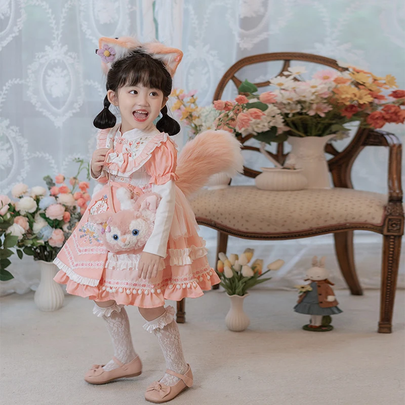 

2022 New Disney Kawaii Lolita Dress Kids Cosplay Costume Linabell Bow Lace Long Sleeve Princess Dresses Kids Daily Party Clothes
