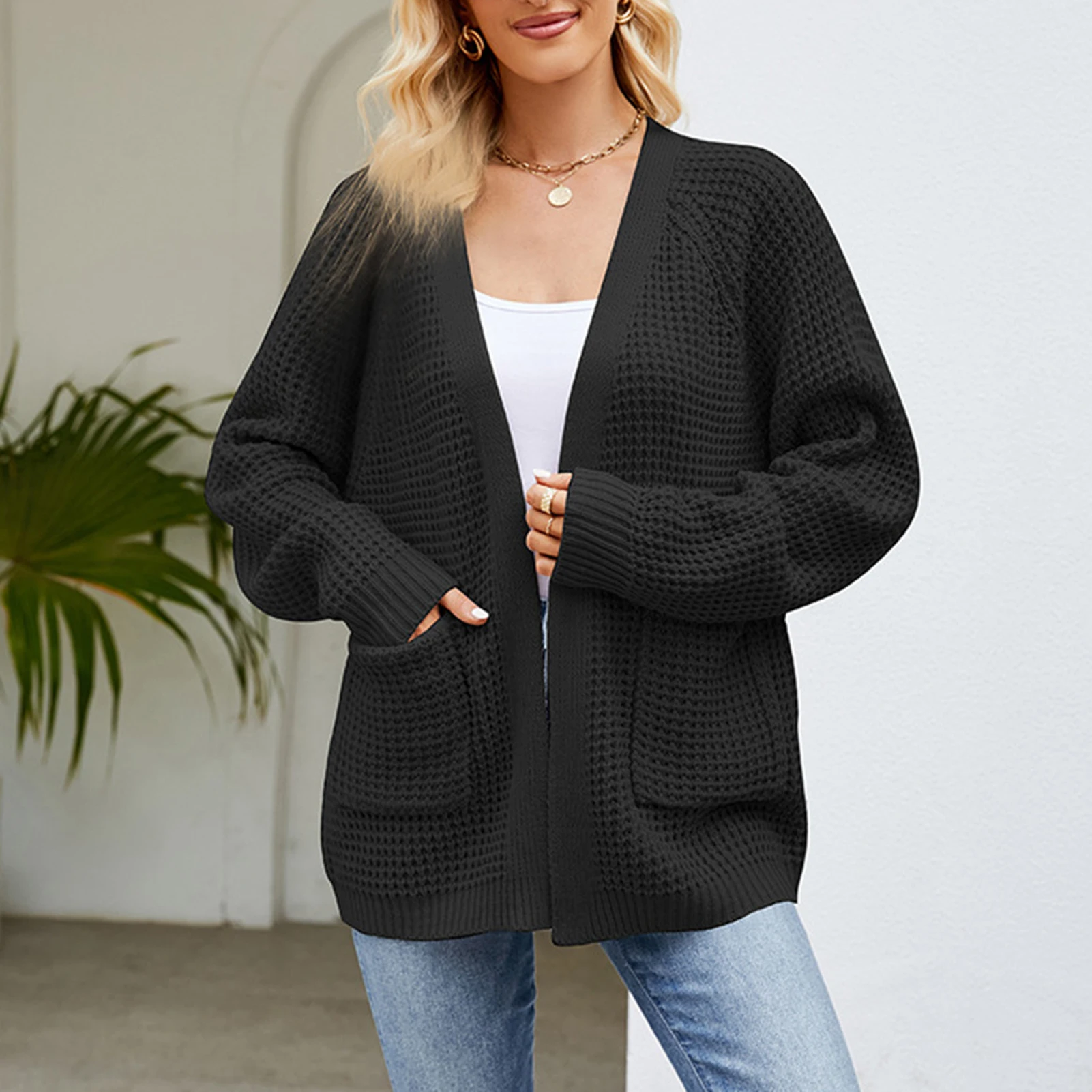 

Women Open Front Cardigans Soft Comfy Knit Retro Crochet Sweaters with Pockets Autumn Winter Outerwears Fashion Versatile Coats