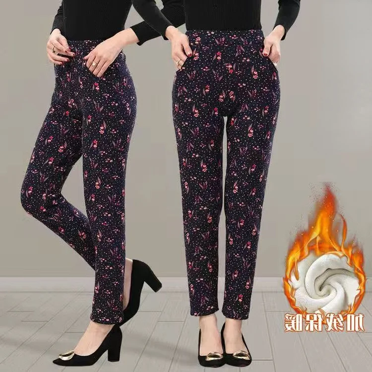 

80kg Wear Autumn Winter Middle Age Women Thick Velvet Leggings Female Mom High Elastic Print Flower Trouser Warm Pants A51