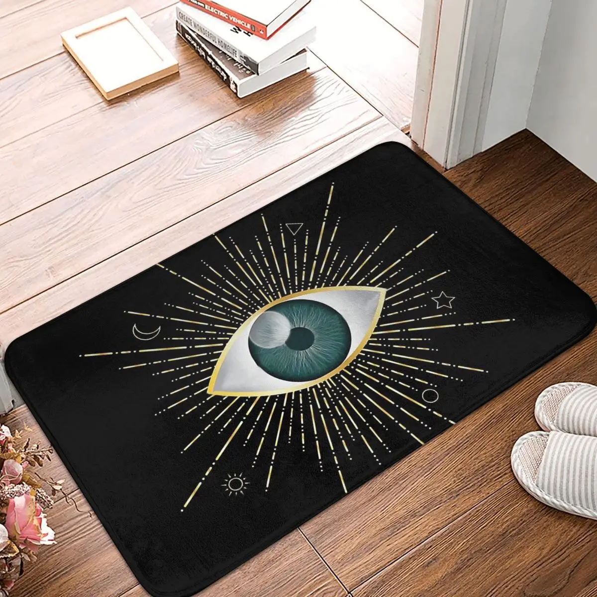 

Evil Eye Gold Sun Moon Star Triangle Circle Nazar Mati Talisman Bathroom Non-Slip Carpet Eyelash Lashes Pattern Living Room Mat