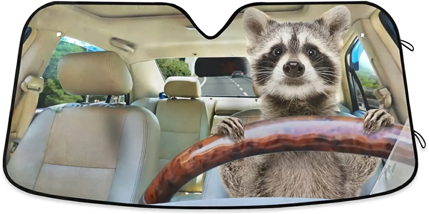 

xigua Funny Raccoon Driving A Car Car Windshield Sun Shade Blocks UV Rays Sun Visor for most vehicles, such as cars, SUVs, picku
