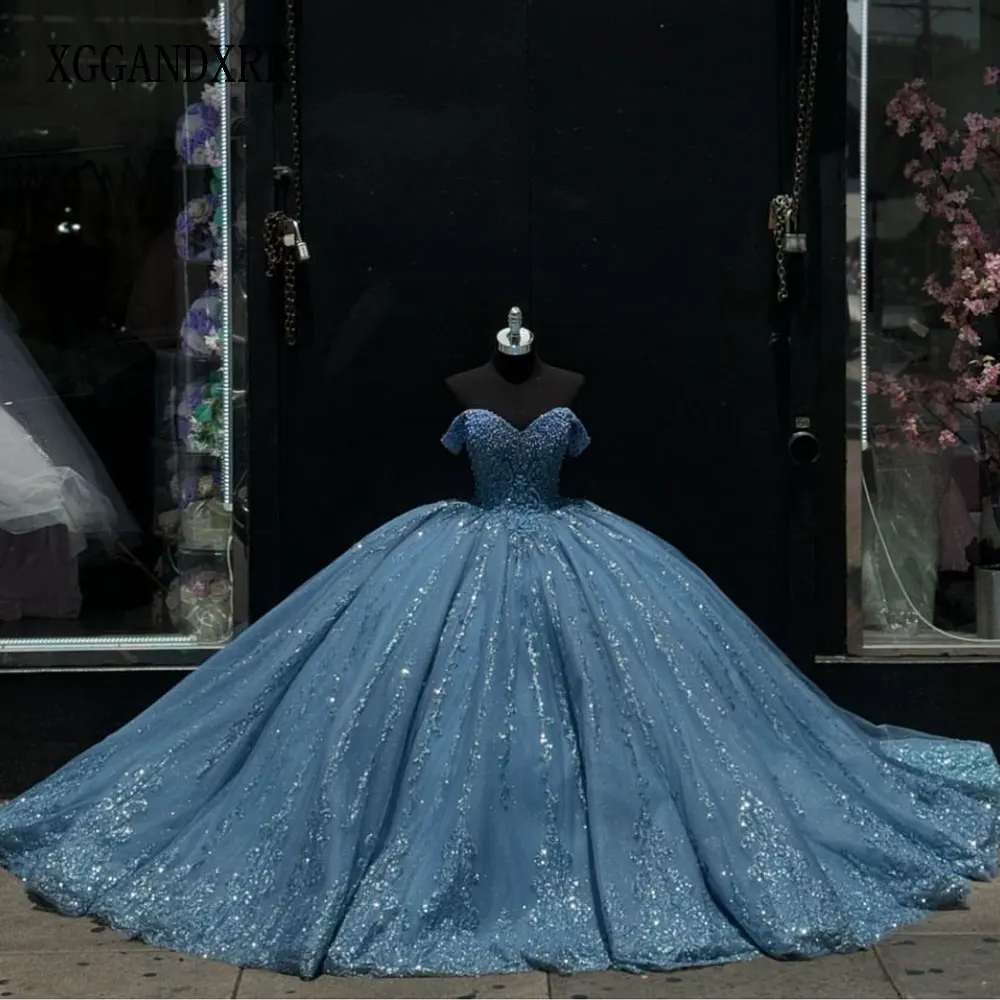 Роскошные синие платья Quinceanrea 2025 милое женское платье с открытыми плечами 16