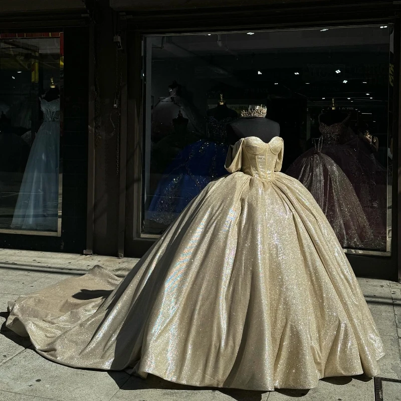 

Gold Shiny Sweetheart Princess Quinceanera Dress Ball Gown Straps Off Shoulder 15th Party Gown Sweet 16 Dress