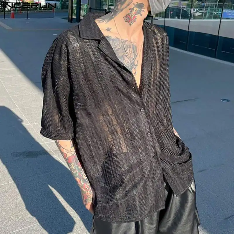 

INCERUN 2023 Men Shirt Mesh Striped Transparent Lapel Short Sleeve Streetwear Camisas Fashion Sexy Casual Men Clothing S-5XL