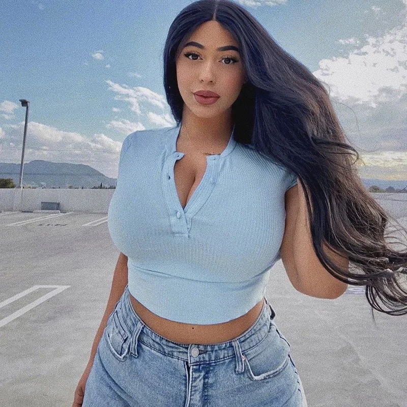 

2022 Spring/summer European and American Sexy Navel Revealing Basic T-shirt