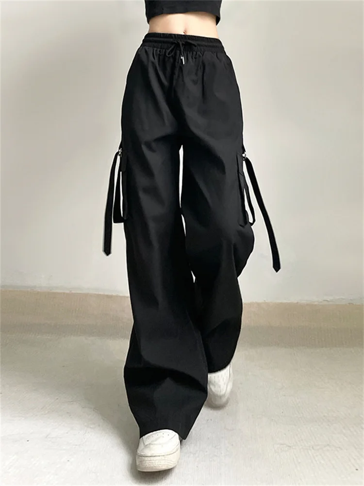 

2023 New Punk Style Black Cargo Pants Elastic High Waist Jogging Sweatpants Ribbon Buckle Pocket Patchwork Women Pant Streetwear