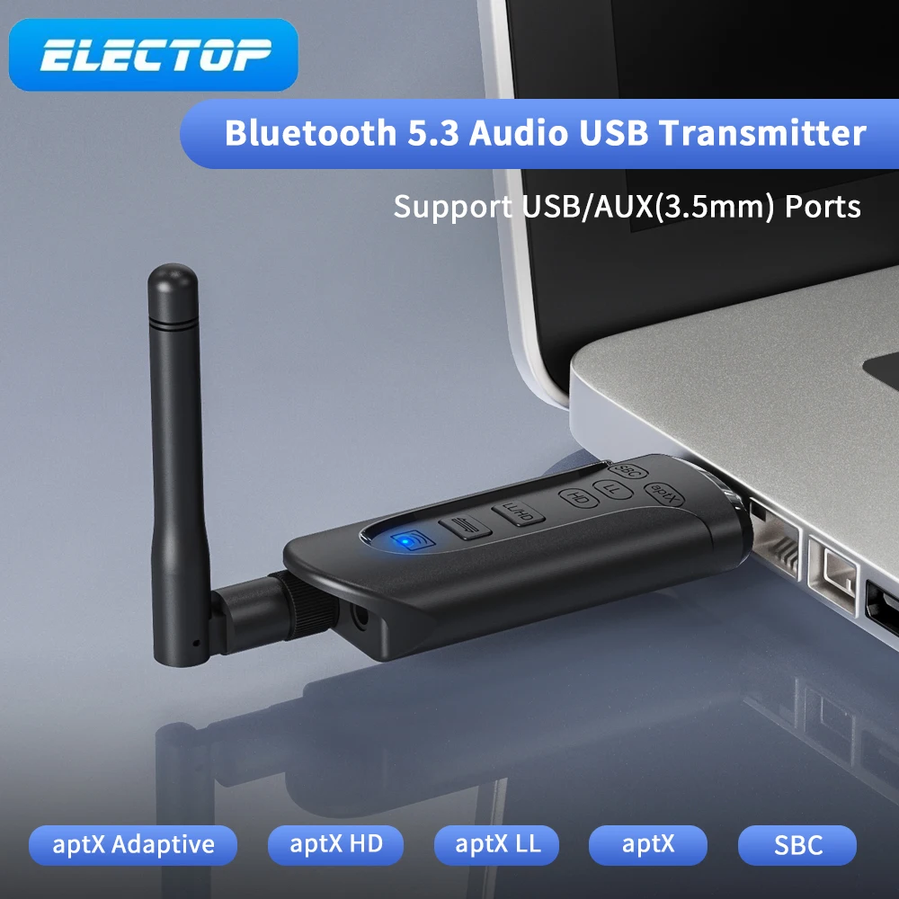 ELECTOP BT 5.3 Bluetooth Adapter Free Driver USB AUX 3.5mm Audio Bluetooth Adapter AptX HD Adaptive Speaker Music Transmitter