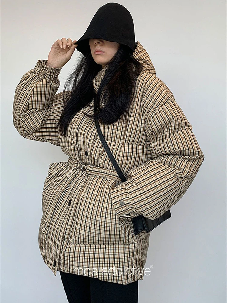 

Cotton Padded High Waist Plaid Hooded Snow Parka For Women Winter Puffer Jacket With Belt Light Weight Jacket Coat Warmer Parka