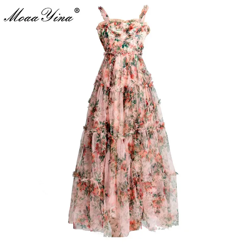 

MoaaYina, модное дизайнерское подиумное платье, летнее женское Сетчатое платье на бретельках с цветочным принтом, праздничные вечерние платья, элегантное платье