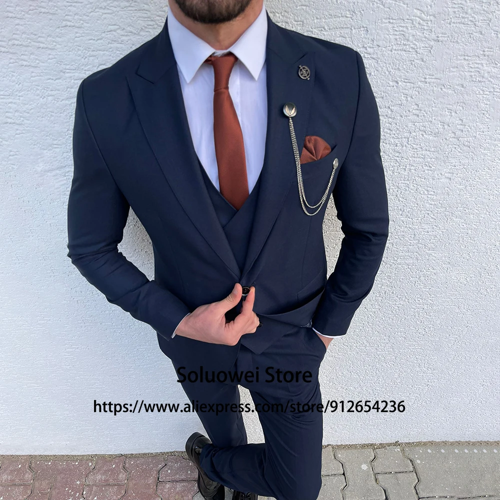 Suits For Men Navy Blue Slim Fit Groom Wedding Peaked Lapel Tuxedo 3 Piece Jacket Vest Pants Set Male Formal Business Blazer
