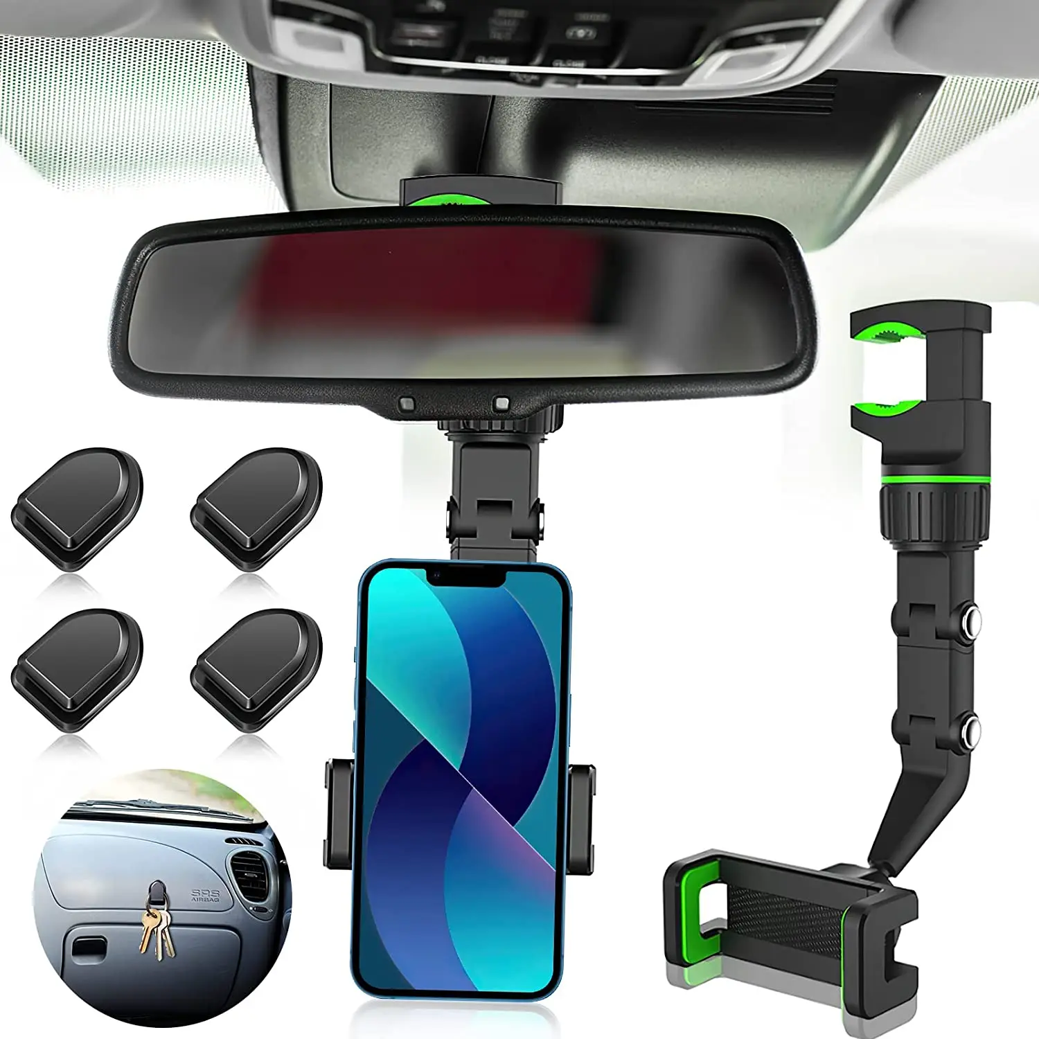 Car Phone Holder Multifunctional 360 Degree Rotatable Auto Rearview Mirror Seat Hanging Clip Bracket Cell Phone Holder for Car