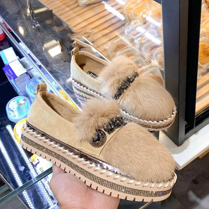 

Flats Fur Crystal Luxury Brand Women Platform Shoes 2022 New Spring Autumn Loafers Shoes Slip on Sport Casual Chaussures Femme
