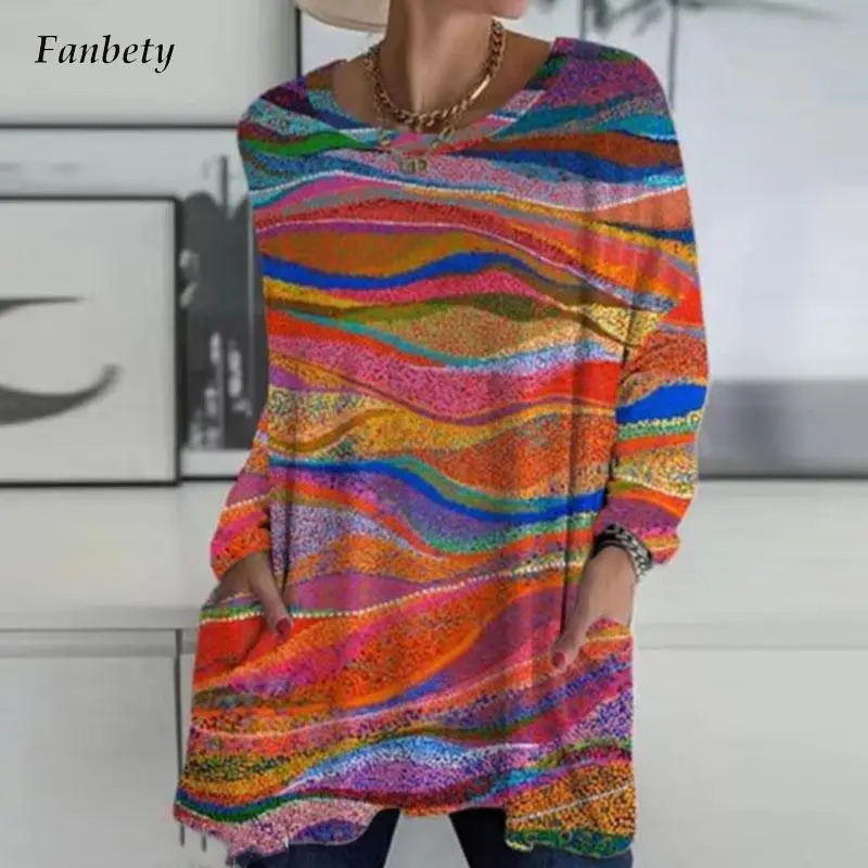 

Винтажная Свободная блузка с принтом, осень 2022, повседневный пуловер с длинным рукавом, топы, Модные свободные футболки с карманами в стиле ...