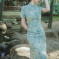 green cheongsam 2022 new improved girl summer young model retro republic style long and elegant dress